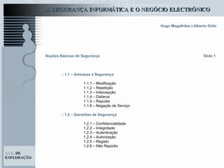 Noções Básicas de Segurança Slide 1 .: 1.1 – Ameaças à Segurança 1.1.1 – Modificação 1.1.2 – Repetição 1.1.3 – Intercepção 1.1.4 – Disfarce 1.1.5 – Repúdio 1.1.6 – Negação de Serviço .: 1.2 – Garantias de Segurança 1.2.1 – Confidencialidade 1.2.2 – Integridade 1.2.3 – Autenticação 1.2.4 – Autorização 1.2.5 – Registo 1.2.6 – Não Repúdio 