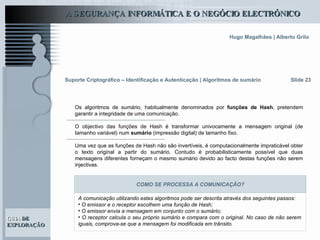 Slide 23 Suporte Criptográfico – Identificação e Autenticação | Algoritmos de sumário Os algoritmos de sumário, habitualmente denominados por  funções de Hash , pretendem garantir a integridade de uma comunicação. O objectivo das funções de Hash é transformar univocamente a mensagem original (de tamanho variável) num  sumário  (impressão digital) de tamanho fixo.  Uma vez que as funções de Hash não são invertíveis, é computacionalmente impraticável obter o texto original a partir do sumário. Contudo é probabilisticamente possível que duas mensagens diferentes forneçam o mesmo sumário devido ao facto destas funções não serem injectivas.  A comunicação utilizando estes algoritmos pode ser descrita através dos seguintes passos: O emissor e o receptor escolhem uma função de Hash;  O emissor envia a mensagem em conjunto com o sumário; O receptor calcula o seu próprio sumário e compara com o original. No caso de não serem iguais, comprova-se que a mensagem foi modificada em trânsito.   COMO SE PROCESSA A COMUNICAÇÃO? 