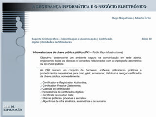 Suporte Criptográfico – Identificação e Autenticação | Certificado digital | Entidades certificadoras Slide 30 Objectivo: desenvolver um ambiente seguro na comunicação em rede aberta, englobando todas as técnicas e conceitos relacionados com a criptografia assimétrica ou de chave pública As PKI reúnem um conjunto de  hardware ,  software , utilizadores, políticas e procedimentos necessários para criar, gerir, armazenar, distribuir e revogar certificados de chave pública, nomeadamente: .:   Certification  e  Registration Authorities ; .:   Certification Practice Statements ; .:  Cadeias de certificação; .:  Repositórios de certificados digitais; .:   Certificate revocation Lists ; .:  Chaves públicas, privadas e secretas; .:  Algoritmos de cifra simétrica, assimétrica e de sumário. Infra-estruturas de chave pública pública  (PKI –  Public Key Infrastructures ) 