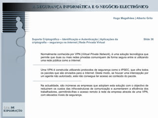 Suporte Criptográfico – Identificação e Autenticação | Aplicações da criptografia – segurança na  Internet |  Rede Privada Virtual Slide 36 Normalmente conhecida por VPN ( Virtual Private Network ), é uma solução tecnológica que permite que duas ou mais redes privadas comuniquem de forma segura entre si utilizando uma rede pública como a  Internet .  Uma VPN é construída utilizando protocolos de segurança como o IPSEC, que cifra todos os pacotes que são enviados para a  Internet . Deste modo, se houver uma intercepção por um agente não autorizado, este não consegue ter acesso ao conteúdo do pacote.  Na actualidade, são inúmeras as empresas que adoptam esta solução com o objectivo de reduzirem os custos das infra-estruturas de comunicação e aumentarem a eficiência dos trabalhadores, permitindo-lhes o acesso remoto à rede da empresa através de uma VPN, com elevados níveis de segurança.  
