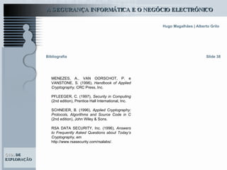 MENEZES, A., VAN OORSCHOT, P. e VANSTONE, S. (1996),  Handbook of Applied Cryptography , CRC Press, Inc.   PFLEEGER, C. (1997),  Security in Computing  (2nd edition), Prentice Hall International, Inc.   SCHNEIER, B. (1996),  Applied Cryptography: Protocols, Algorithms and Source Code in C  (2nd edition), John Wiley & Sons.   RSA DATA SECURITY, Inc. (1996),  Answers to Frequently Asked Questions about Today’s Cryptography , em http://www.rsasecurity.com/rsalabs/.   Slide 38 Bibliografia 