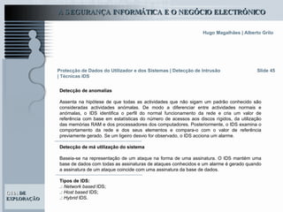 Slide 45 Detecção de anomalias Assenta na hipótese de que todas as actividades que não sigam um padrão conhecido são consideradas actividades anómalas. De modo a diferenciar entre actividades normais e anómalas, o IDS identifica o perfil do normal funcionamento da rede e cria um valor de referência com base em estatísticas do número de acessos aos discos rígidos, da utilização das memórias RAM e dos processadores dos computadores. Posteriormente, o IDS examina o comportamento da rede e dos seus elementos e compara-o com o valor de referência previamente gerado. Se um ligeiro desvio for observado, o IDS acciona um alarme.  Detecção de má utilização do sistema Baseia-se na representação de um ataque na forma de uma assinatura. O IDS mantém uma base de dados com todas as assinaturas de ataques conhecidos e um alarme é gerado quando a assinatura de um ataque coincide com uma assinatura da base de dados.  Tipos de IDS: .:   Network based  IDS; .:   Host based  IDS; .:   Hybrid  IDS. Protecção de Dados do Utilizador e dos Sistemas   | Detecção de Intrusão   | Técnicas IDS 