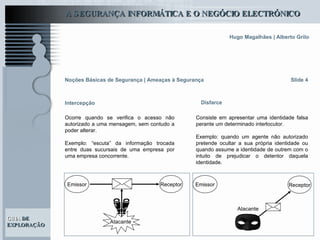 Ocorre quando se verifica o acesso não autorizado a uma mensagem, sem contudo a poder alterar.  Exemplo: “escuta” da informação trocada entre duas sucursais de uma empresa por uma empresa concorrente.   Slide 4 Noções Básicas de Segurança | Ameaças à Segurança Intercepção Disfarce Consiste em apresentar uma identidade falsa perante um determinado interlocutor.  Exemplo: quando um agente não autorizado pretende ocultar a sua própria identidade ou quando assume a identidade de outrem com o intuito de prejudicar o detentor daquela identidade. Atacante Emissor Receptor Emissor Receptor Atacante 