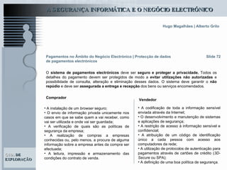 Slide 72 O  sistema de pagamentos electrónicos  deve ser  seguro e proteger a privacidade.  Todos os detalhes do pagamento devem ser protegidos de modo a  evitar utilizações não autorizadas  e possibilidade de consulta, alteração e eliminação desses dados. O sistema deve garantir o  não repúdio  e deve ser  assegurada a entrega e recepção  dos bens ou serviços encomendados.   Pagamentos no Âmbito do Negócio Electrónico   | Protecção de dados de pagamentos electrónicos A instalação de um  browser  seguro;   O envio de informação privada unicamente nos casos em que se sabe quem a vai receber, como vai ser utilizada e onde vai ser guardada;  A verificação de quais são as políticas de segurança da empresa;   A realização de compras a empresas conhecidas ou, pelo menos, a procura de alguma informação sobre a empresa antes da compra ser efectuada; A leitura, impressão e armazenamento das condições do contrato de venda. A codificação de toda a informação sensível enviada através da Internet;  O desenvolvimento e manutenção de sistemas e aplicações de segurança;  A restrição de acesso à informação sensível e confidencial;  A atribuição de um código de identificação único a cada pessoa com acesso aos computadores da rede;  A utilização de protocolos de autenticação para pagamentos através de cartões de crédito ( 3D-Secure  ou SPA);  A definição de uma boa política de segurança.  Comprador   Vendedor   