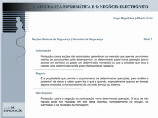 Slide 7 Noções Básicas de Segurança | Garantias de Segurança Protecção contra acções não autorizadas, garantindo por exemplo que apenas um número restrito de participantes pode desempenhar um determinado papel numa operação (como assinar um contrato ou gastar um determinado montante) ou que a entidade que está a realizar uma determinada tarefa pode efectivamente realizá-la.   Autorização É a propriedade que permite o arquivamento de determinadas operações, para análise  a posteriori , de modo a saber quem fez o quê e quando, especialmente quando se detecta alguma anomalia no funcionamento de um certo serviço ou sistema.  Registo Não Repúdio Protecção contra a negação da participação numa determinada operação. O acto de não repúdio pode ser realizado em três fases distintas, nomeadamente na criação, na submissão e na recepção da mensagem. 