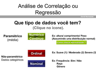 David Normando
Análise de Correlação ou
Regressão
Ordinal
Numérico
Contínuo
Nominal
Que tipo de dados você tem?
(Clique no ícone).
Não-paramétrico
Dados categóricos
Paramétrico
(média)
Ex: altura/ comprimento/ Peso
(Assumindo uma distribuição normal)
Ex: Frequência: Sim / Não
Raça
Gênero
Ex: Suave (1) / Moderado (2) Severo (3)
Como checar Normalidade ?Como checar Normalidade ?
 