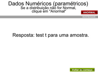 David Normando
Resposta: test t para uma amostra.
Voltar ao começo
Dados Numéricos (paramétricos)
Se a distribuição não for Normal,
clique em "Anormal" ANORMAL
 