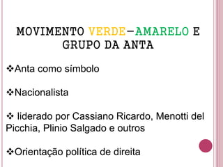 MOVIMENTO VERDE-AMARELO E
GRUPO DA ANTA
Anta como símbolo
Nacionalista
 liderado por Cassiano Ricardo, Menotti del
Picchia, Plinio Salgado e outros
Orientação política de direita
 