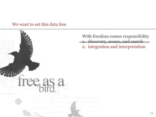 11
With freedom comes responsibility
1. discovery, access, and search
2. integration and interpretation
We want to set this data free
 