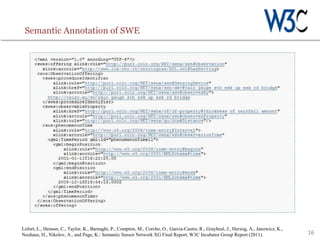 16
Semantic Annotation of SWE
Lefort, L., Henson, C., Taylor, K., Barnaghi, P., Compton, M., Corcho, O., Garcia-Castro, R., Graybeal, J., Herzog, A., Janowicz, K.,
Neuhaus, H., Nikolov, A., and Page, K.: Semantic Sensor Network XG Final Report, W3C Incubator Group Report (2011).
 