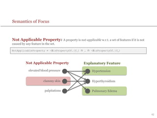 Not Applicable Property: A property is not-applicable w.r.t. a set of features if it is not
caused by any feature in the set.
NotApplicableProperty ≡ ¬∃isPropertyOf.{f1} ⊓ … ⊓ ¬∃isPropertyOf.{fn}
elevated blood pressure
clammy skin
palpitations
Hypertension
Hyperthyroidism
Pulmonary Edema
Not Applicable Property Explanatory Feature
42
Semantics of Focus
 