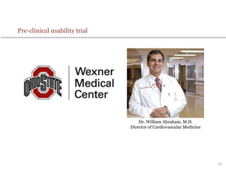 Pre-clinical usability trial
Dr. William Abraham, M.D.
Director of Cardiovascular Medicine
74
 