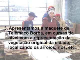 3.   Apresentamos a maquete de Telêmaco Borba, em curvas de nível com a representação da vegetação original da cidade, localizando os arroios, rios, etc . 