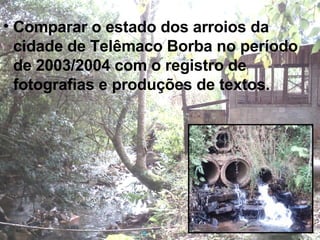 Comparar o estado dos arroios da cidade de Telêmaco Borba no período de 2003/2004 com o registro de fotografias e produções de textos. 