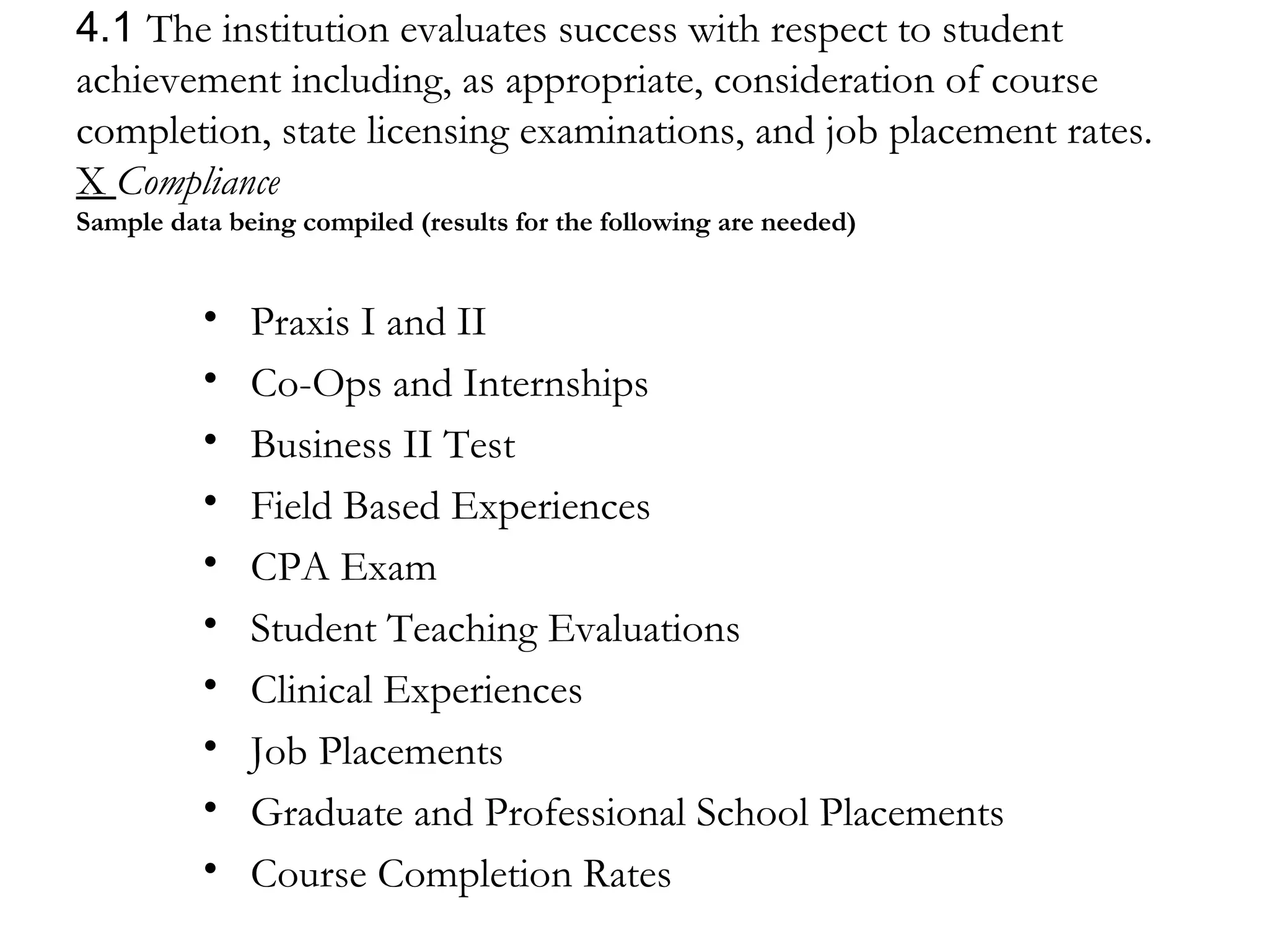 4.1  The institution evaluates success with respect to student achievement including, as appropriate, consideration of course completion, state licensing examinations, and job placement rates. X  Compliance Sample data being compiled (results for the following are needed) Praxis I and II Co-Ops and Internships Business II Test Field Based Experiences CPA Exam  Student Teaching Evaluations Clinical Experiences Job Placements Graduate and Professional School Placements Course Completion Rates 