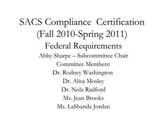 SACS Compliance  Certification (Fall 2010-Spring 2011) Federal Requirements Abby Sharpe – Subcommittee Chair Committee Members: Dr. Rodney Washington  Dr. Alisa Mosley Dr. Nola Radford Ms. Jean Brooks Ms. LaShanda Jordan ,[object Object],[object Object],[object Object],[object Object],[object Object],[object Object],[object Object]