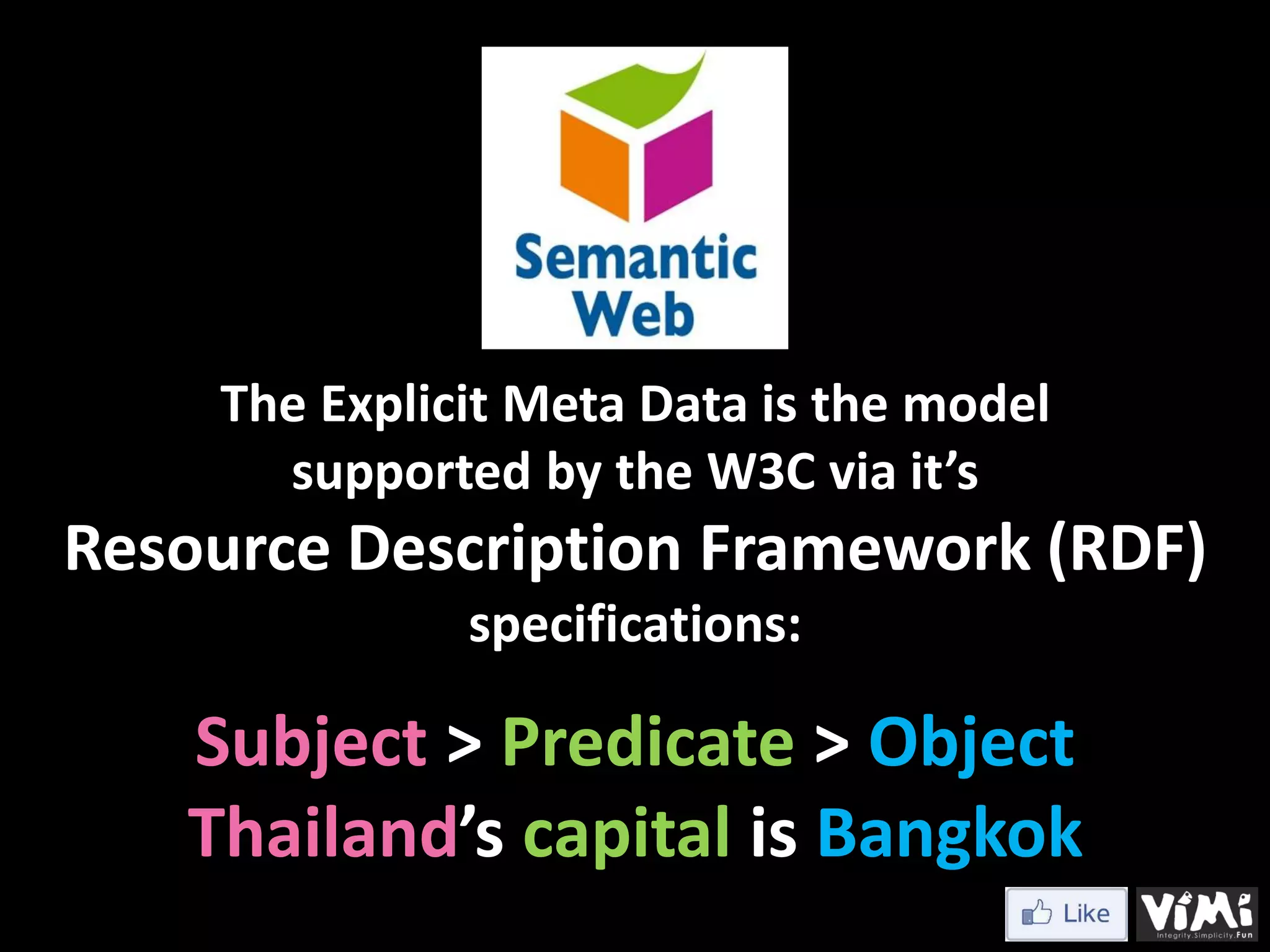 The Explicit Meta Data is the model supported by the W3C via it’s Resource Description Framework (RDF) specifications: Subject > Predicate > Object Thailand’s capital is Bangkok 