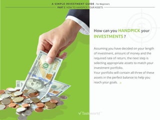 A SIMPLE INVESTMENT GUIDE - for Beginners 
PART 2 HOW TO HANDPICK YOUR ASSETS 
How can you HANDPICK your 
INVESTMENTS ? 
Assuming you have decided on your length 
of investment, amount of money and the 
required rate of return, the next step is 
selecting appropriate assets to match your 
investment portfolio. 
Your portfolio will contain all three of these 
assets in the perfect balance to help you 
reach your goals. 
 