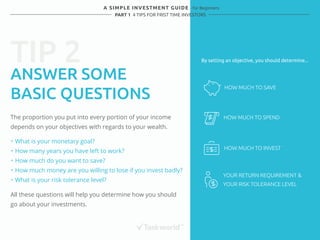 TIP 2 
A SIMPLE INVESTMENT GUIDE - for Beginners 
PART 1 4 TIPS FOR FRIST TIME INVESTORS 
ANSWER SOME 
BASIC QUESTIONS 
The proportion you put into every portion of your income 
depends on your objectives with regards to your wealth. 
HOW MUCH TO SAVE 
HOW MUCH TO SPEND 
HOW MUCH TO INVEST 
YOUR RETURN REQUIREMENT & 
YOUR RISK TOLERANCE LEVEL 
・ What is your monetary goal? 
・ How many years you have left to work? 
・ How much do you want to save? 
・ How much money are you willing to lose if you invest badly? 
・ What is your risk tolerance level? 
All these questions will help you determine how you should 
go about your investments. 
By setting an objective, you should determine... 
 