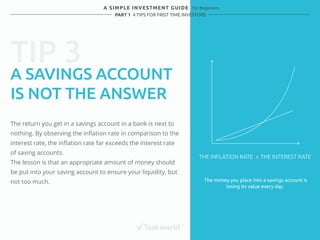TIP 3 
A SIMPLE INVESTMENT GUIDE - for Beginners 
PART 1 4 TIPS FOR FRIST TIME INVESTORS 
A SAVINGS ACCOUNT 
IS NOT THE ANSWER 
The return you get in a savings account in a bank is next to 
nothing. By observing the inflation rate in comparison to the 
interest rate, the inflation rate far exceeds the interest rate 
of saving accounts. 
The lesson is that an appropriate amount of money should 
be put into your saving account to ensure your liquidity, but 
not too much. 
THE INFLATION RATE > THE INTEREST RATE 
The money you place into a savings account is 
losing its value every day. 
 