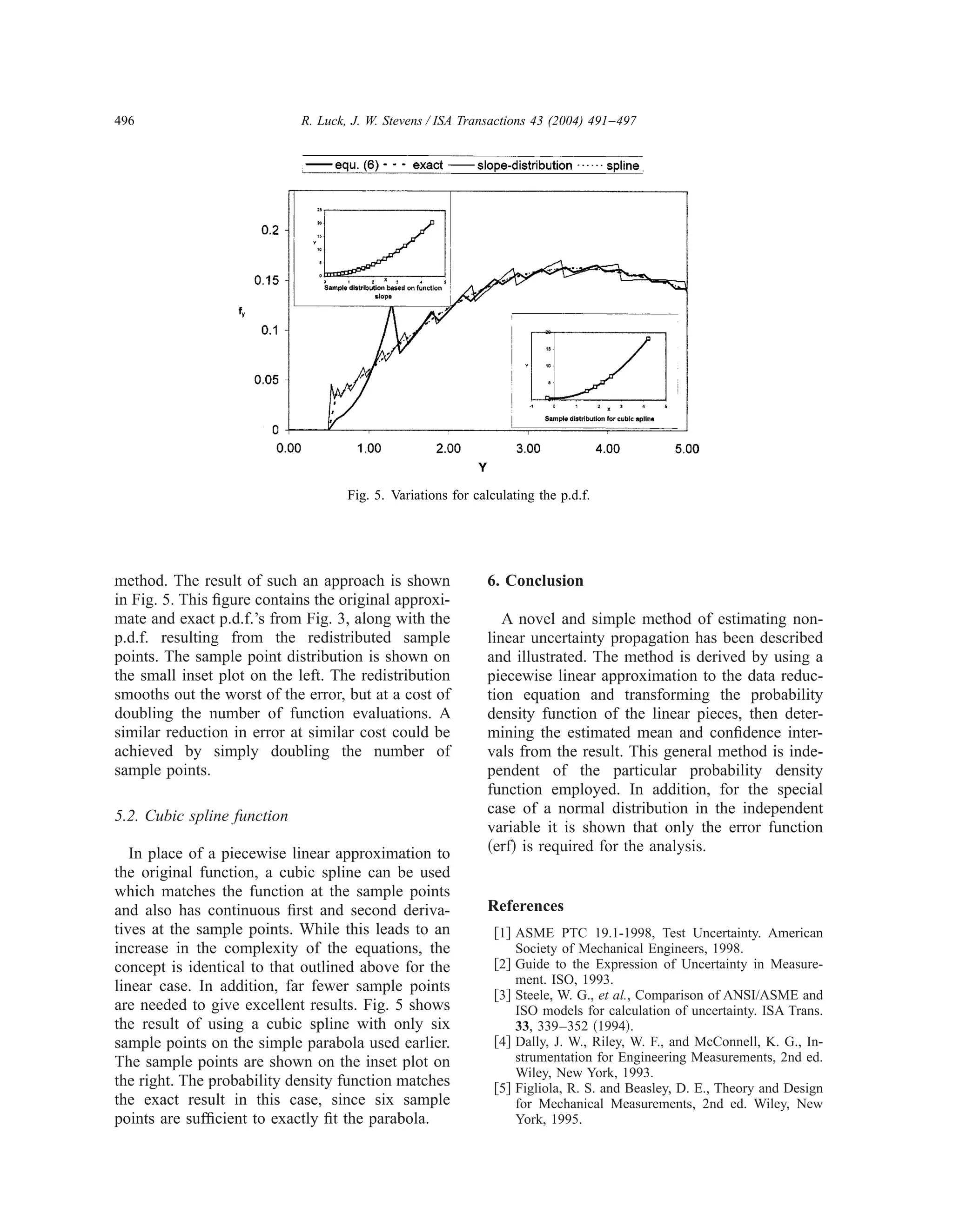 496                          R. Luck, J. W. Stevens / ISA Transactions 43 (2004) 491–497




                                     Fig. 5. Variations for calculating the p.d.f.




method. The result of such an approach is shown               6. Conclusion
in Fig. 5. This ﬁgure contains the original approxi-
mate and exact p.d.f.’s from Fig. 3, along with the              A novel and simple method of estimating non-
p.d.f. resulting from the redistributed sample                linear uncertainty propagation has been described
points. The sample point distribution is shown on             and illustrated. The method is derived by using a
the small inset plot on the left. The redistribution          piecewise linear approximation to the data reduc-
smooths out the worst of the error, but at a cost of          tion equation and transforming the probability
doubling the number of function evaluations. A                density function of the linear pieces, then deter-
similar reduction in error at similar cost could be           mining the estimated mean and conﬁdence inter-
achieved by simply doubling the number of                     vals from the result. This general method is inde-
sample points.                                                pendent of the particular probability density
                                                              function employed. In addition, for the special
5.2. Cubic spline function                                    case of a normal distribution in the independent
                                                              variable it is shown that only the error function
   In place of a piecewise linear approximation to            ͑erf͒ is required for the analysis.
the original function, a cubic spline can be used
which matches the function at the sample points
and also has continuous ﬁrst and second deriva-               References
tives at the sample points. While this leads to an              ͓1͔ ASME PTC 19.1-1998, Test Uncertainty. American
increase in the complexity of the equations, the                    Society of Mechanical Engineers, 1998.
concept is identical to that outlined above for the             ͓2͔ Guide to the Expression of Uncertainty in Measure-
                                                                    ment. ISO, 1993.
linear case. In addition, far fewer sample points
                                                                ͓3͔ Steele, W. G., et al., Comparison of ANSI/ASME and
are needed to give excellent results. Fig. 5 shows                  ISO models for calculation of uncertainty. ISA Trans.
the result of using a cubic spline with only six                    33, 339–352 ͑1994͒.
sample points on the simple parabola used earlier.              ͓4͔ Dally, J. W., Riley, W. F., and McConnell, K. G., In-
The sample points are shown on the inset plot on                    strumentation for Engineering Measurements, 2nd ed.
                                                                    Wiley, New York, 1993.
the right. The probability density function matches             ͓5͔ Figliola, R. S. and Beasley, D. E., Theory and Design
the exact result in this case, since six sample                     for Mechanical Measurements, 2nd ed. Wiley, New
points are sufﬁcient to exactly ﬁt the parabola.                    York, 1995.
 