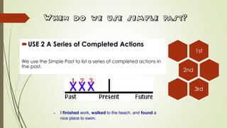 When do we use simple past?
USE 2 A Series of Completed Actions
We use the Simple Past to list a series of completed actions in
the past.
 I finished work, walked to the beach, and found a
nice place to swim.
1st
2nd
3rd
 