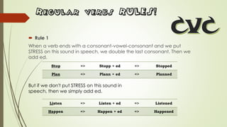 Regular verbs RULES!
 Rule 1
When a verb ends with a consonant-vowel-consonant and we put
STRESS on this sound in speech, we double the last consonant. Then we
add ed.
Stop => Stopp + ed => Stopped
Plan => Plann + ed => Planned
But if we don't put STRESS on this sound in
speech, then we simply add ed.
Listen => Listen + ed => Listened
Happen => Happen + ed => Happened
 