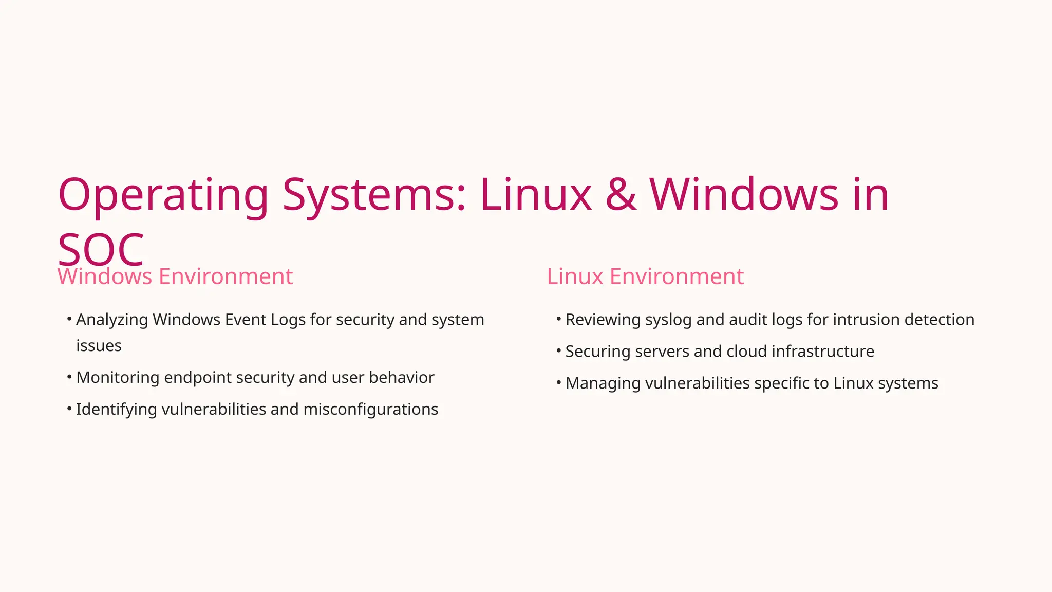 Operating Systems: Linux & Windows in
SOC
Windows Environment
• Analyzing Windows Event Logs for security and system
issues
• Monitoring endpoint security and user behavior
• Identifying vulnerabilities and misconfigurations
Linux Environment
• Reviewing syslog and audit logs for intrusion detection
• Securing servers and cloud infrastructure
• Managing vulnerabilities specific to Linux systems
 
