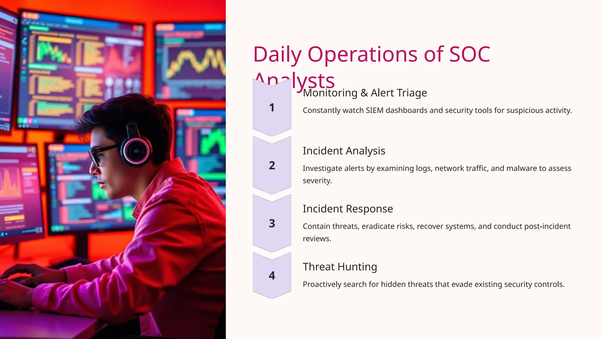 Daily Operations of SOC
Analysts
Monitoring & Alert Triage
Constantly watch SIEM dashboards and security tools for suspicious activity.
Incident Analysis
Investigate alerts by examining logs, network traffic, and malware to assess
severity.
Incident Response
Contain threats, eradicate risks, recover systems, and conduct post-incident
reviews.
Threat Hunting
Proactively search for hidden threats that evade existing security controls.
 