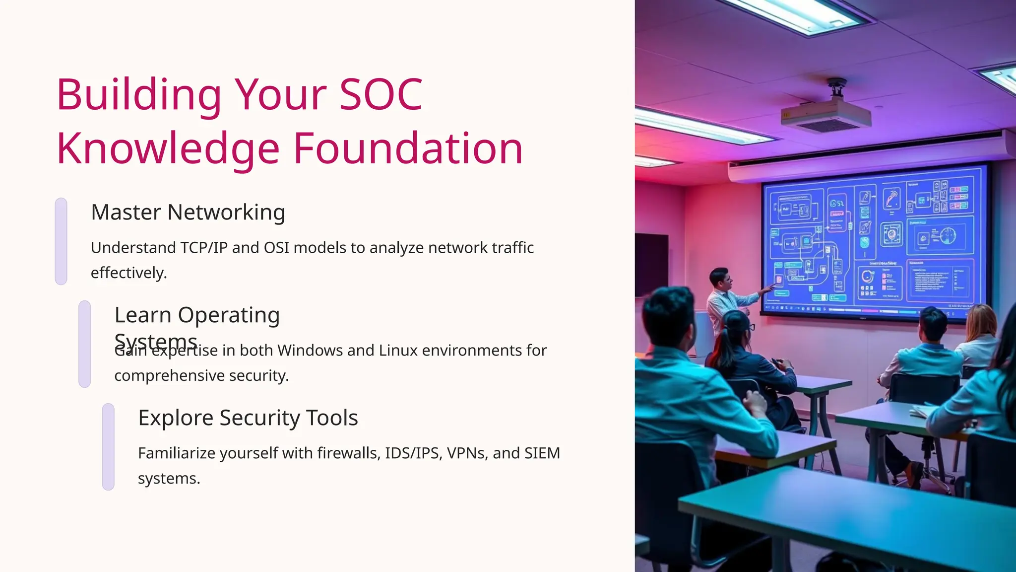Building Your SOC
Knowledge Foundation
Master Networking
Understand TCP/IP and OSI models to analyze network traffic
effectively.
Learn Operating
Systems
Gain expertise in both Windows and Linux environments for
comprehensive security.
Explore Security Tools
Familiarize yourself with firewalls, IDS/IPS, VPNs, and SIEM
systems.
 