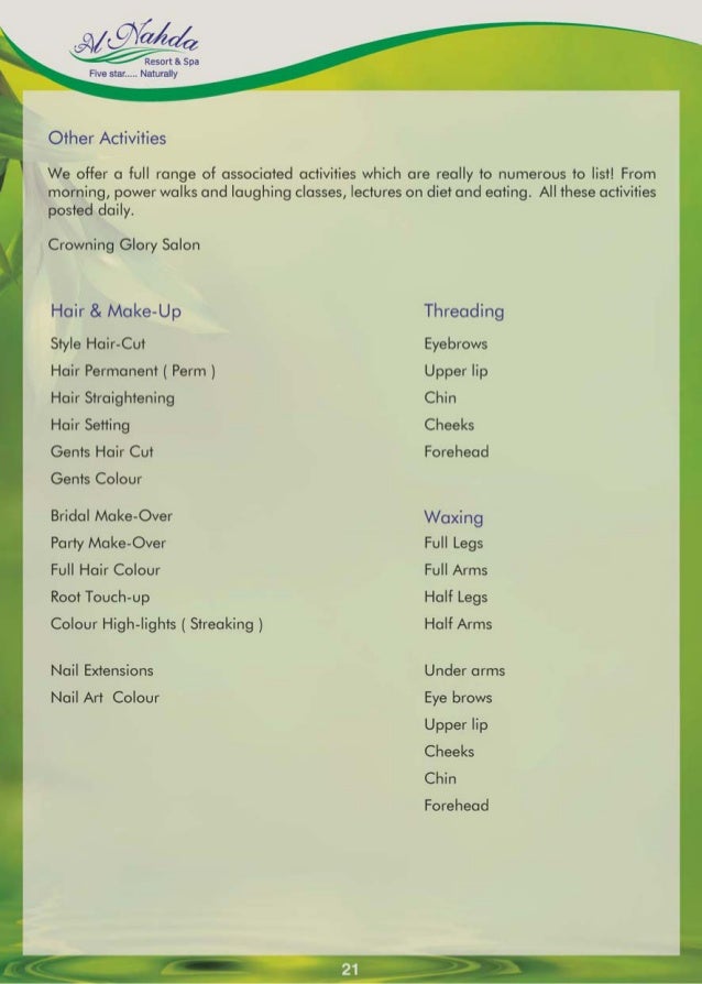 A spa menu of one of the best spa service providers in 