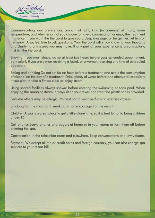 a spa menu of one of the best spa service providers in oman with pric spa menu card