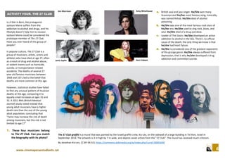 6www.cinemaperaestudiants.cat
ACTIVITY FOUR. THE 27 CLUB
“SHALLOW”
In A Star Is Born, the protagonist
Jackson Maine suffers from the
addiction to alcohol and drugs, and his
lifestyle doesn’t help him to recover.
Jackson Maine could be considered the
prototype member of The 27 Club.
Have you ever heard of this group of
people?
In popular culture, The 27 Club is a
group of musicians, artists, actors and
athletes who have died at age 27, often
as a result of drug and alcohol abuse,
or violent means such as homicide,
suicide, or transportation-related
accidents. The deaths of several 27-
year-old famous musicians between
1969 and 1971 led to the belief that
deaths are more common at this age.
However, statistical studies have failed
to find any unusual pattern of musician
deaths at this age, comparing it to
equally small increases at ages 25 and
32. A 2011 BMJ (British Medical
Journal) study noted instead that
young adult musicians have a higher
death rate than the rest of the young
adult population, concluding that
"Fame may increase the risk of death
among musicians, but this risk is not
limited to age 27”
1. These four musicians belong
to The 27 Club. Can you match
the biography with its photo?
a. British soul and jazz singer. He/She won many
Grammys and his/her most famous song, ironically,
was named Rehab. He/She died of alcohol
poisoning.
b. He/She was one of the most famous rock-stars of
his/her era. He/She used to sing rock, blues, and
soul. He/She died of a drug overdose.
c. Leader of The Doors. He/She developed an active
addiction to alcohol in the 60s. There’s no official
cause of the death; the only thing we know is that
he/she had heart failure.
d. He/She is considered one of the greatest exponents
of the grunge genre. He/She always suffered from
depression; that is why he/she developed a drug
addiction and committed suicide.
Jim Morrison
Kurt Cobain
Amy Winehouse
Janis Joplin
The 27 Club graffiti is a mural that was painted by the Israeli graffiti crew, Kis-Lev, on the sidewall of a large building in Tel Aviv, Israel in
September 2014. The artwork is 3 m high by 7 m wide, and depicts seven artists from the "27 Club". The mural has received much criticism.
By Jonathan Kis-Lev, CC BY-SA 4.0, https://commons.wikimedia.org/w/index.php?curid=36065648
 