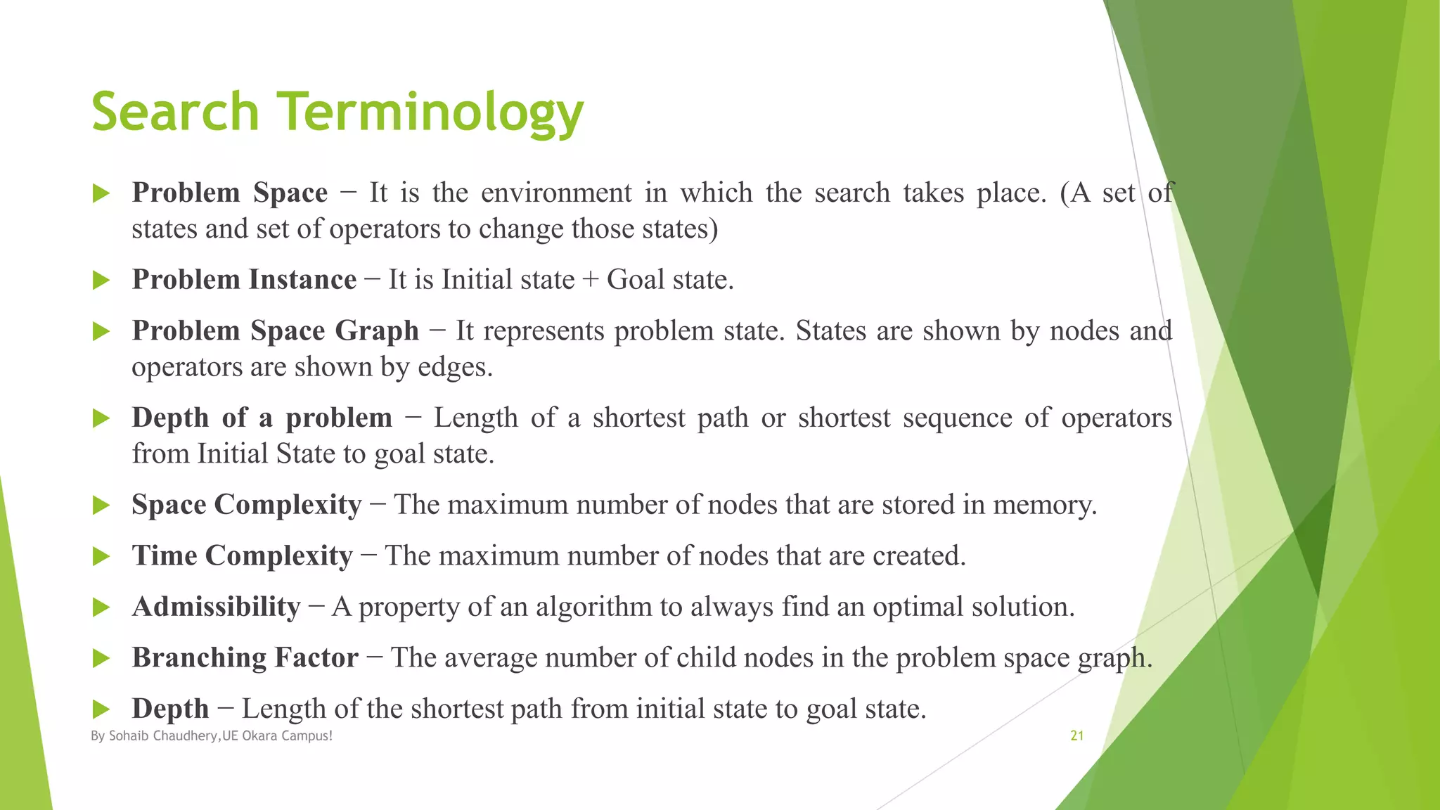 Search Terminology
 Problem Space − It is the environment in which the search takes place. (A set of
states and set of operators to change those states)
 Problem Instance − It is Initial state + Goal state.
 Problem Space Graph − It represents problem state. States are shown by nodes and
operators are shown by edges.
 Depth of a problem − Length of a shortest path or shortest sequence of operators
from Initial State to goal state.
 Space Complexity − The maximum number of nodes that are stored in memory.
 Time Complexity − The maximum number of nodes that are created.
 Admissibility − A property of an algorithm to always find an optimal solution.
 Branching Factor − The average number of child nodes in the problem space graph.
 Depth − Length of the shortest path from initial state to goal state.
By Sohaib Chaudhery,UE Okara Campus! 21
 