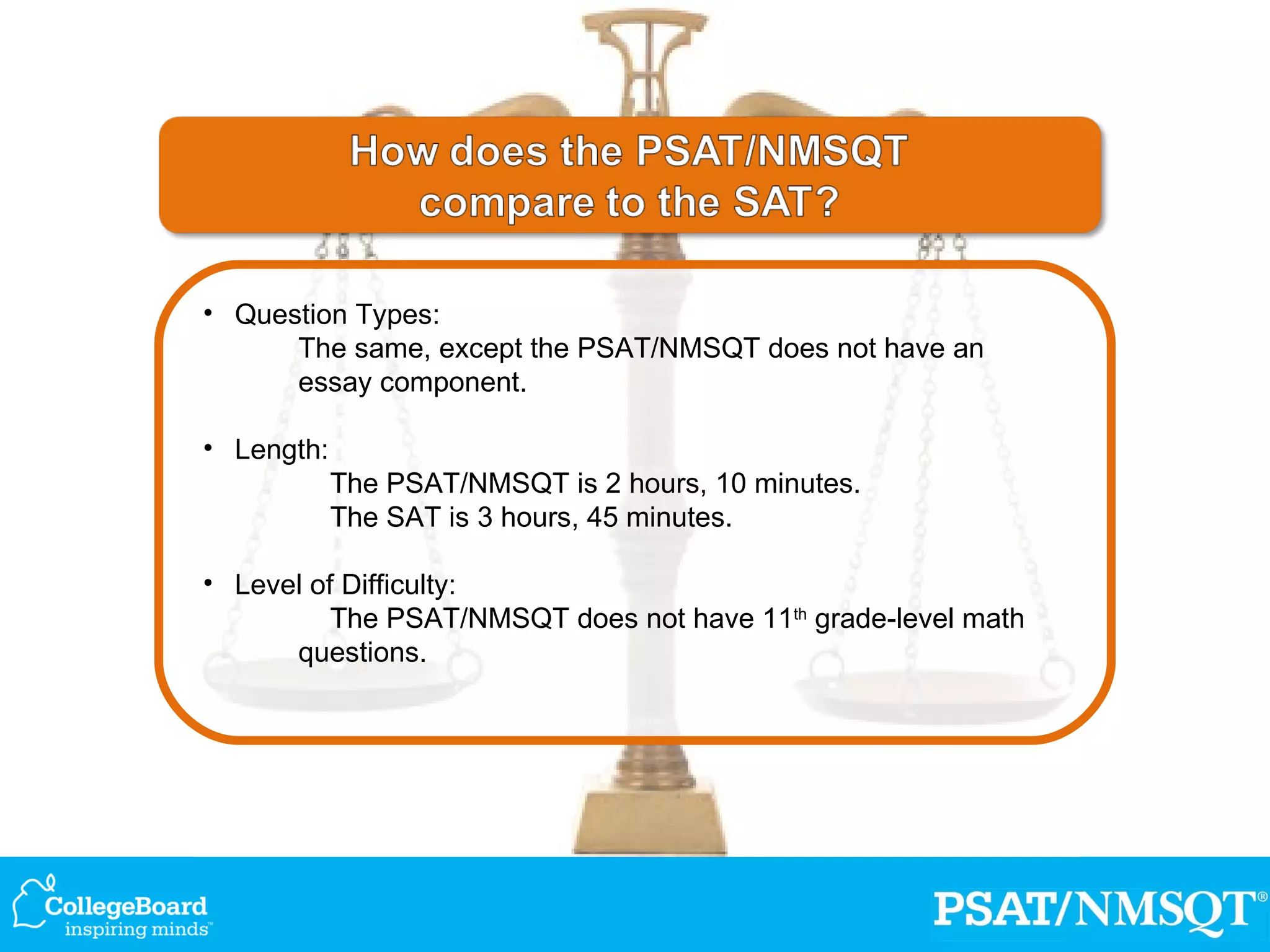 Question Types: The same, except the PSAT/NMSQT does not have an essay component. Length: The PSAT/NMSQT is 2 hours, 10 minutes. The SAT is 3 hours, 45 minutes. Level of Difficulty: The PSAT/NMSQT does not have 11 th  grade-level math questions. 