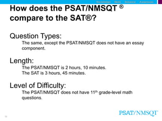 10
How does the PSAT/NMSQT ®
compare to the SAT®?
Question Types:
The same, except the PSAT/NMSQT does not have an essay
component.
Length:
The PSAT/NMSQT is 2 hours, 10 minutes.
The SAT is 3 hours, 45 minutes.
Level of Difficulty:
The PSAT/NMSQT does not have 11th grade-level math
questions.
 