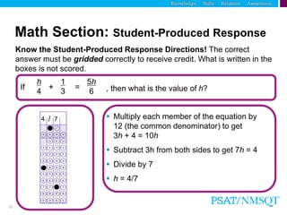 15
 Multiply each member of the equation by
12 (the common denominator) to get
3h + 4 = 10h
 Subtract 3h from both sides to get 7h = 4
 Divide by 7
 h = 4/7
Know the Student-Produced Response Directions! The correct
answer must be gridded correctly to receive credit. What is written in the
boxes is not scored.
4 / 7
Math Section: Student-Produced Response
If
h
4
1
3
5h
6
+ = , then what is the value of h?
 