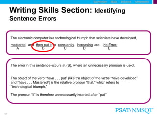 19
The electronic computer is a technological triumph that scientists have developed,
mastered, and then put it to constantly increasing use. No Error.
A B C D E
The error in this sentence occurs at (B), where an unnecessary pronoun is used.
Writing Skills Section: Identifying
Sentence Errors
The object of the verb “have . . . put” (like the object of the verbs “have developed”
and “have . . . Mastered”) is the relative pronoun “that,” which refers to
“technological triumph.”
The pronoun “it” is therefore unnecessarily inserted after “put.”
 