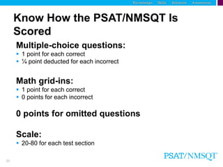 23
Know How the PSAT/NMSQT Is
Scored
Multiple-choice questions:
 1 point for each correct
 ¼ point deducted for each incorrect
Math grid-ins:
 1 point for each correct
 0 points for each incorrect
0 points for omitted questions
Scale:
 20-80 for each test section
 
