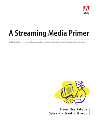 A Streaming Media Primer
Enabling real-time or on-demand access to audio, video, and multimedia content via the Internet or an intranet.




                                                               from the Adobe
                                                          Dynamic Media Group
 