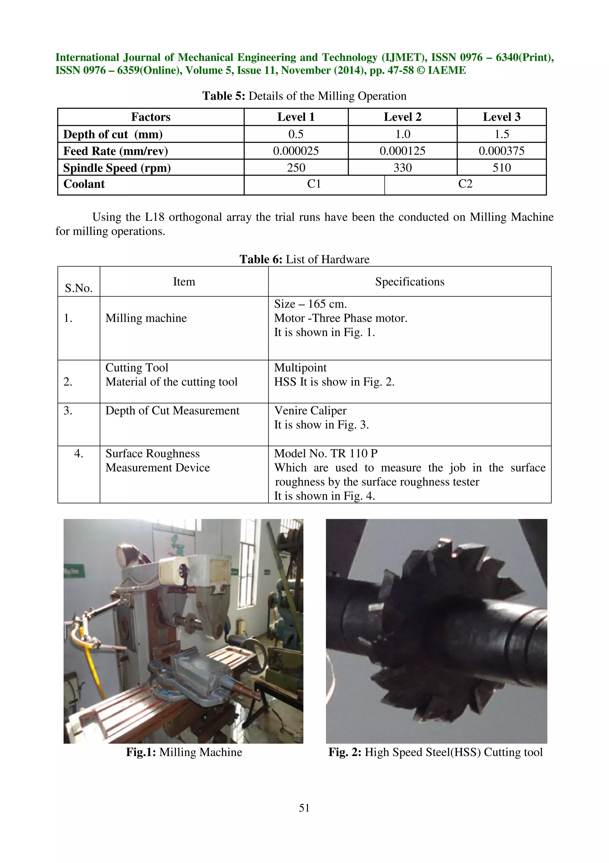 International Journal of Mechanical Engineering and Technology (IJMET), ISSN 0976 – 6340(Print),
ISSN 0976 – 6359(Online), Volume 5, Issue 11, November (2014), pp. 47-58 © IAEME
51
Table 5: Details of the Milling Operation
Using the L18 orthogonal array the trial runs have been the conducted on Milling Machine
for milling operations.
Table 6: List of Hardware
S.No.
Item Specifications
1. Milling machine
Size – 165 cm.
Motor -Three Phase motor.
It is shown in Fig. 1.
2.
Cutting Tool
Material of the cutting tool
Multipoint
HSS It is show in Fig. 2.
3. Depth of Cut Measurement Venire Caliper
It is show in Fig. 3.
4. Surface Roughness
Measurement Device
Model No. TR 110 P
Which are used to measure the job in the surface
roughness by the surface roughness tester
It is shown in Fig. 4.
Fig.1: Milling Machine Fig. 2: High Speed Steel(HSS) Cutting tool
Factors Level 1 Level 2 Level 3
Depth of cut (mm) 0.5 1.0 1.5
Feed Rate (mm/rev) 0.000025 0.000125 0.000375
Spindle Speed (rpm) 250 330 510
Coolant C1 C2
 