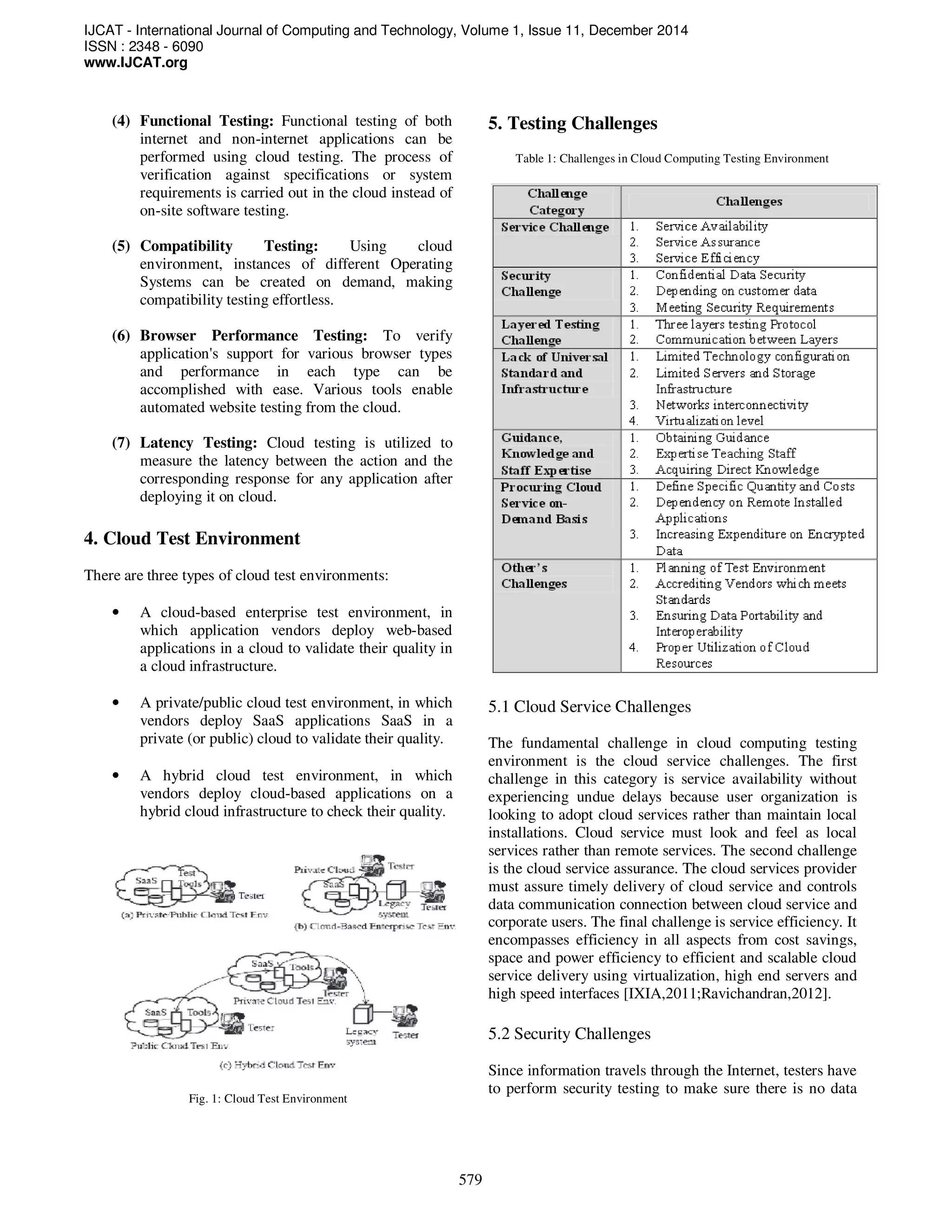 IJCAT - International Journal of Computing and Technology, Volume 1, Issue 11, December 2014
ISSN : 2348 - 6090
www.IJCAT.org
579
(4) Functional Testing: Functional testing of both
internet and non-internet applications can be
performed using cloud testing. The process of
verification against specifications or system
requirements is carried out in the cloud instead of
on-site software testing.
(5) Compatibility Testing: Using cloud
environment, instances of different Operating
Systems can be created on demand, making
compatibility testing effortless.
(6) Browser Performance Testing: To verify
application's support for various browser types
and performance in each type can be
accomplished with ease. Various tools enable
automated website testing from the cloud.
(7) Latency Testing: Cloud testing is utilized to
measure the latency between the action and the
corresponding response for any application after
deploying it on cloud.
4. Cloud Test Environment
There are three types of cloud test environments:
• A cloud-based enterprise test environment, in
which application vendors deploy web-based
applications in a cloud to validate their quality in
a cloud infrastructure.
• A private/public cloud test environment, in which
vendors deploy SaaS applications SaaS in a
private (or public) cloud to validate their quality.
• A hybrid cloud test environment, in which
vendors deploy cloud-based applications on a
hybrid cloud infrastructure to check their quality.
Fig. 1: Cloud Test Environment
5. Testing Challenges
Table 1: Challenges in Cloud Computing Testing Environment
5.1 Cloud Service Challenges
The fundamental challenge in cloud computing testing
environment is the cloud service challenges. The first
challenge in this category is service availability without
experiencing undue delays because user organization is
looking to adopt cloud services rather than maintain local
installations. Cloud service must look and feel as local
services rather than remote services. The second challenge
is the cloud service assurance. The cloud services provider
must assure timely delivery of cloud service and controls
data communication connection between cloud service and
corporate users. The final challenge is service efficiency. It
encompasses efficiency in all aspects from cost savings,
space and power efficiency to efficient and scalable cloud
service delivery using virtualization, high end servers and
high speed interfaces [IXIA,2011;Ravichandran,2012].
5.2 Security Challenges
Since information travels through the Internet, testers have
to perform security testing to make sure there is no data
 