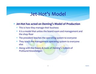 *  Jet-­‐Hot	
  has	
  acted	
  on	
  Deming’s	
  Model	
  of	
  Production	
  
*  This	
  is	
  how	
  they	
  manage	
  their	
  business	
  
*  It	
  is	
  a	
  model	
  that	
  unites	
  the	
  board	
  room	
  and	
  management	
  and	
  
the	
  shop	
  ﬂoor	
  
*  The	
  president	
  teaches	
  the	
  operating	
  system	
  to	
  everyone	
  
*  They	
  teach	
  the	
  management	
  operating	
  system	
  to	
  everyone	
  
else	
  
*  Along	
  with	
  the	
  theory	
  &	
  tools	
  of	
  Deming’s	
  System	
  of	
  
Profound	
  Knowledge©	
  
Jet-­‐Hot’s	
  Model	
  
12/31/15	
  21	
  
 