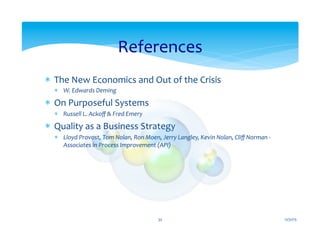 *  The	
  New	
  Economics	
  and	
  Out	
  of	
  the	
  Crisis	
  	
  
*  W.	
  Edwards	
  Deming	
  
*  On	
  Purposeful	
  Systems	
  
*  Russell	
  L.	
  Ackoﬀ	
  &	
  Fred	
  Emery	
  
*  Quality	
  as	
  a	
  Business	
  Strategy	
  	
  
*  Lloyd	
  Provost,	
  Tom	
  Nolan,	
  Ron	
  Moen,	
  Jerry	
  Langley,	
  Kevin	
  Nolan,	
  Cliﬀ	
  Norman	
  -­‐	
  
Associates	
  in	
  Process	
  Improvement	
  (API)	
  
References	
  
12/31/15	
  35	
  
 