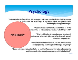 Psychology	
  
	
  
	
  
	
  
	
  
	
  
	
  
	
  
	
  
	
  
	
  
	
  
	
  
	
  
	
  
	
  
PSYCHOLOGY	
  
“A	
  leader	
  of	
  transformation,	
  and	
  managers	
  involved,	
  need	
  to	
  learn	
  the	
  psychology	
  
of	
  individuals,	
  the	
  psychology	
  of	
  a	
  group,	
  the	
  psychology	
  of	
  society,	
  
and	
  the	
  psychology	
  of	
  change.”	
  
	
  
“We	
  must	
  restore	
  the	
  individual	
  and	
  do	
  so	
  in	
  the	
  
complexities	
  of	
  interactions	
  with	
  the	
  rest	
  of	
  the	
  world.”	
  
	
  
“There	
  will	
  be	
  joy	
  in	
  work	
  because	
  people	
  will	
  
understand	
  what	
  their	
  jobs	
  are.	
  Who	
  depends	
  on	
  me?	
  	
  
Whom	
  do	
  I	
  depend	
  on?”	
  
	
  
“Performance	
  of	
  the	
  individual	
  can	
  not	
  be	
  measured,	
  
except	
  possibly	
  on	
  a	
  long-­‐term	
  basis	
  [15-­‐20	
  years].”	
  
	
  
“Some	
  extrinsic	
  motivation	
  helps	
  to	
  build	
  self-­‐esteem.	
  But	
  total	
  submission	
  to	
  
extrinsic	
  motivation	
  leads	
  to	
  destruction	
  of	
  the	
  individual.”	
  
12/31/15	
  7	
  
 