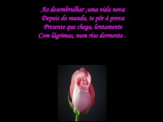 Ao desembrulhar ,uma vida nova Depois do mundo, te pôr á prova Presente que chega, lentamente Com lágrimas, num riso dormente .  