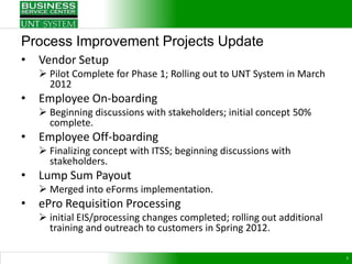 Process Improvement Projects Update
•   Vendor Setup
     Pilot Complete for Phase 1; Rolling out to UNT System in March
      2012
•   Employee On-boarding
     Beginning discussions with stakeholders; initial concept 50%
      complete.
•   Employee Off-boarding
     Finalizing concept with ITSS; beginning discussions with
      stakeholders.
•   Lump Sum Payout
     Merged into eForms implementation.
•   ePro Requisition Processing
     initial EIS/processing changes completed; rolling out additional
      training and outreach to customers in Spring 2012.

                                                                         5
 