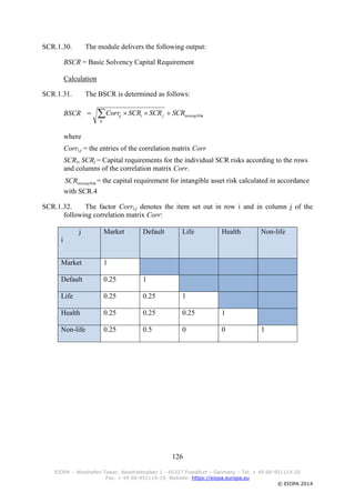 126
EIOPA – Westhafen Tower, Westhafenplatz 1 - 60327 Frankfurt – Germany – Tel. + 49 69-951119-20
Fax. + 49 69-951119-19, Website: https://eiopa.europa.eu
© EIOPA 2014
SCR.1.30. The module delivers the following output:
BSCR = Basic Solvency Capital Requirement
Calculation
SCR.1.31. The BSCR is determined as follows:
BSCR
where
Corri,j = the entries of the correlation matrix Corr
SCRi, SCRj = Capital requirements for the individual SCR risks according to the rows
and columns of the correlation matrix Corr.
= the capital requirement for intangible asset risk calculated in accordance
with SCR.4
SCR.1.32. The factor Corri,j denotes the item set out in row i and in column j of the
following correlation matrix Corr:
j
i
Market Default Life Health Non-life
Market 1
Default 0.25 1
Life 0.25 0.25 1
Health 0.25 0.25 0.25 1
Non-life 0.25 0.5 0 0 1
sintangible
ij
jiij SCRSCRSCRCorr  
sintangibleSCR
 
