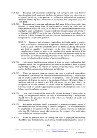 131
EIOPA – Westhafen Tower, Westhafenplatz 1 - 60327 Frankfurt – Germany – Tel. + 49 69-951119-20
Fax. + 49 69-951119-19, Website: https://eiopa.europa.eu
© EIOPA 2014
SCR.2.23. Insurance and reinsurance undertakings shall recognise and value deferred
taxes in relation to all assets and liabilities, including technical provisions, that are
recognised for solvency or tax purposes in conformity with international accounting
standards adopted by the Commission in accordance with Regulation (EC) No
1606/2002.
SCR.2.24. Insurance and reinsurance undertakings shall value deferred taxes, other than
deferred tax assets arising from the carryforward of unused tax credits and the
carryforward of unused tax losses, on the basis of the difference between the values
ascribed to assets and liabilities recognised and valued in accordance with Article 75
of Directive 2009/138/EC and in the case of technical provisions in accordance with
Articles 76 to 85 of that Directive and the values ascribed to assets and liabilities as
recognised and valued for tax purposes.
SCR.2.25. Insurance and reinsurance undertaking shall only ascribe a positive
value to deferred tax assets where it is probable that future taxable profit will be
available against which the deferred tax asset can be utilised, taking into account
any legal or regulatory requirements on the time limits relating to the
carryforward of unused tax losses or the carryforward of unused tax credits. When
assessing whether the undertaking has sufficient taxable profits to cover any net
deferred tax assets the undertaking should assess the impact of the (national) tax
regime on valuation and recognition of temporary differences.
SCR.2.26. Undertakings should recognize notional deferred tax assets conditional on their
temporary nature. The recognition should be based on the extent to which offsetting
is permitted according to the relevant tax regimes, which may include offset against
past tax liabilities, or current or likely future tax liabilities.
SCR.2.27. Where an approach based on average tax rates is employed, undertakings
should ensure that deferred tax liabilities in the unstressed Solvency II balance sheet
are not double counted for the purpose of recognition. They can either support
recognition of deferred tax assets in the unstressed Solvency II balance sheet, or
additional deferred tax assets in the SCR calculation, but not both. Hence, the
recognition of notional deferred tax assets cannot be supported by deferred tax
liabilities which are already supporting the recognition of deferred tax assets in the
balance sheet for valuation purposes.
SCR.2.28. These restrictions should be implicit if a stressed Solvency II balance sheet is
set up. The recognition of deferred tax assets in a stressed Solvency II balance sheet
should follow the principles set out in the section on Valuation of assets and
liabilities other than TP.
SCR.2.29. Appropriate techniques should be employed to assess the temporary nature of
the deferred tax asset and the timing of future taxable profits. The assessment should
be undertaken in accordance with the section on valuation of assets and liabilities
other than TP. Projections should take into account the prospects of the undertaking
after suffering the instantaneous loss.
SCR.2.30. Where an approach based on average tax rates is employed, undertakings
should take care that notional tax assets arising from the instantaneous loss cannot be
 