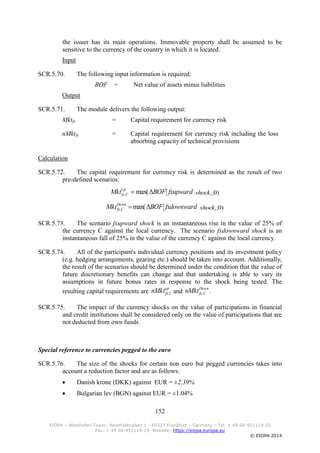 152
EIOPA – Westhafen Tower, Westhafenplatz 1 - 60327 Frankfurt – Germany – Tel. + 49 69-951119-20
Fax. + 49 69-951119-19, Website: https://eiopa.europa.eu
© EIOPA 2014
the issuer has its main operations. Immovable property shall be assumed to be
sensitive to the currency of the country in which it is located.
Input
SCR.5.70. The following input information is required:
BOF = Net value of assets minus liabilities
Output
SCR.5.71. The module delivers the following output:
Mktfx = Capital requirement for currency risk
nMktfx = Capital requirement for currency risk including the loss
absorbing capacity of technical provisions
Calculation
SCR.5.72. The capital requirement for currency risk is determined as the result of two
pre-defined scenarios:
fxupwardBOFMktUp
Cfx  max(, )0;ishock
fxdownwardBOFMktDown
Cfx  max(, )0;ishock
SCR.5.73. The scenario fxupward shock is an instantaneous rise in the value of 25% of
the currency C against the local currency. The scenario fxdownward shock is an
instantaneous fall of 25% in the value of the currency C against the local currency.
SCR.5.74. All of the participant's individual currency positions and its investment policy
(e.g. hedging arrangements, gearing etc.) should be taken into account. Additionally,
the result of the scenarios should be determined under the condition that the value of
future discretionary benefits can change and that undertaking is able to vary its
assumptions in future bonus rates in response to the shock being tested. The
resulting capital requirements are
up
CfxnMkt , and
Down
CfxnMkt , .
SCR.5.75. The impact of the currency shocks on the value of participations in financial
and credit institutions shall be considered only on the value of participations that are
not deducted from own funds.
Special reference to currencies pegged to the euro
SCR.5.76. The size of the shocks for certain non euro but pegged currencies takes into
account a reduction factor and are as follows:
 Danish krone (DKK) against EUR = ±2.39%
 Bulgarian lev (BGN) against EUR = ±1.04%
 